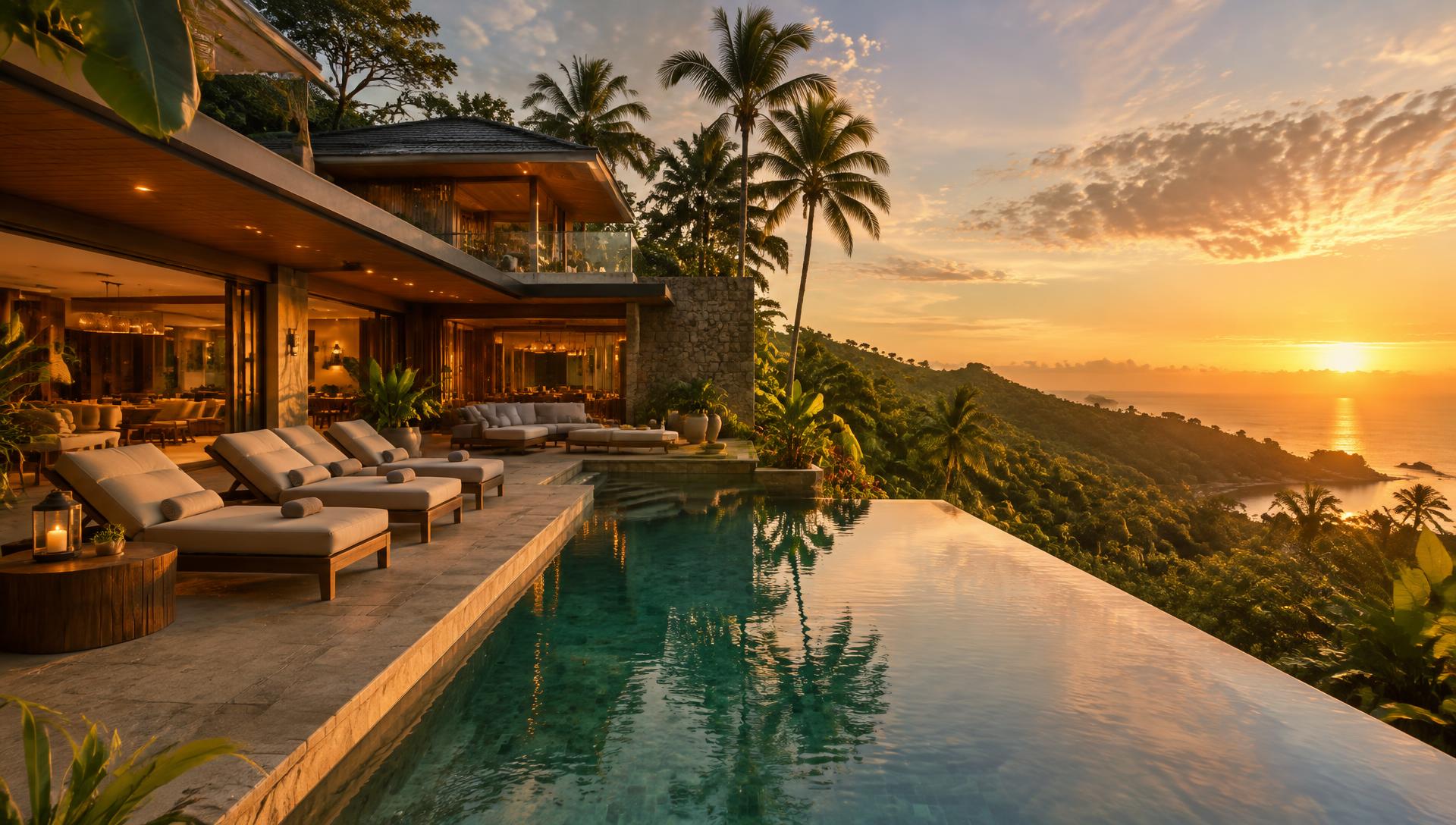 Hospedagem tropical ao pôr do sol